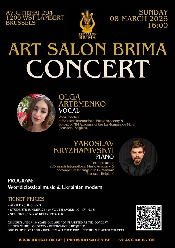 Affiche. Art Salon Brima. World classical music and Ukrainian modern music. Concert of Olga Artemenko (Vocal) & Yaroslav Kryzhanivskyi (Piano). 2026-03-08
